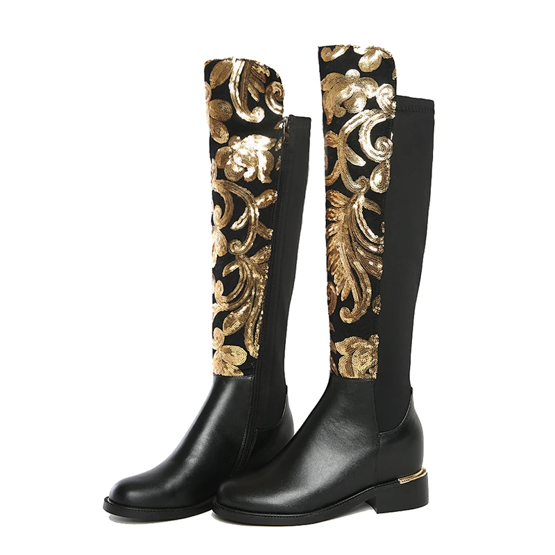WETKISS Wholesale 2019 High End Fashion Gold Flower Real Leather Winter Womens Long Boots Knee High Leather Boots for Women