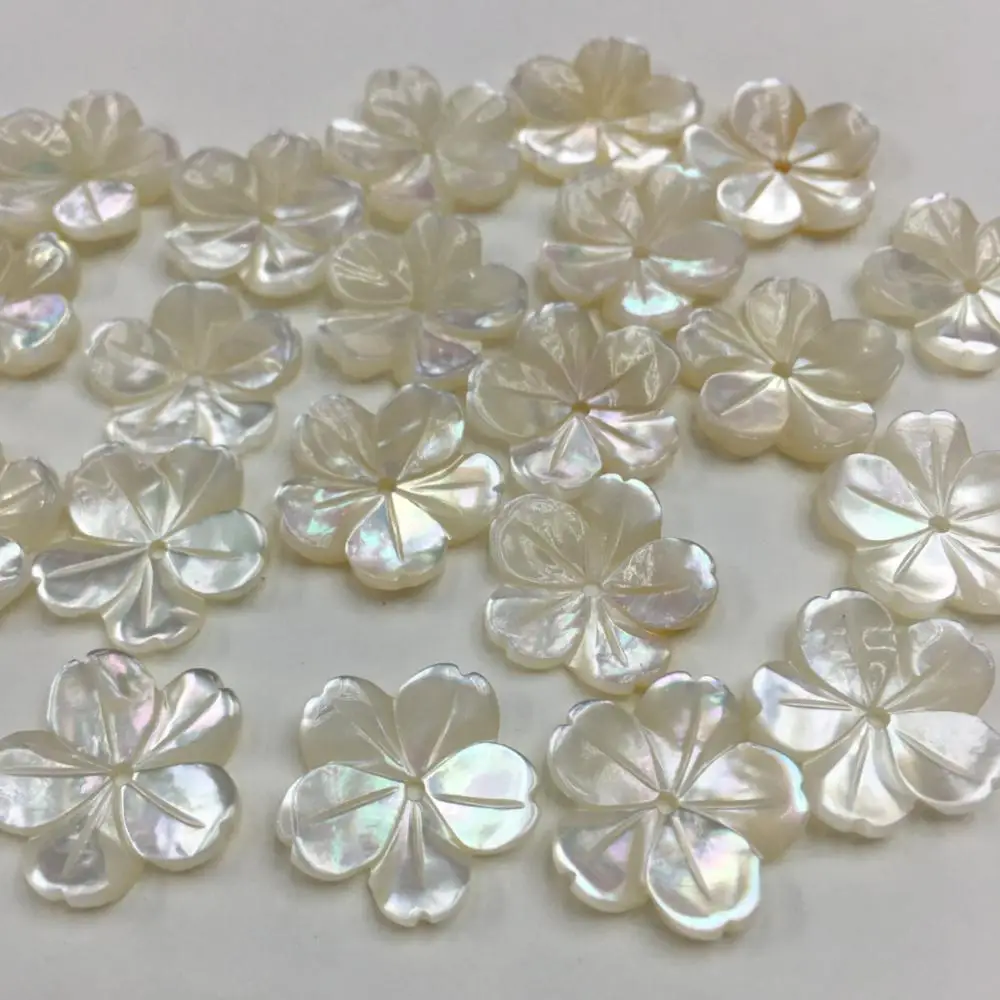 15mm Carved White Mother of Pearl Flower beads, White Shell Flower 5 petals