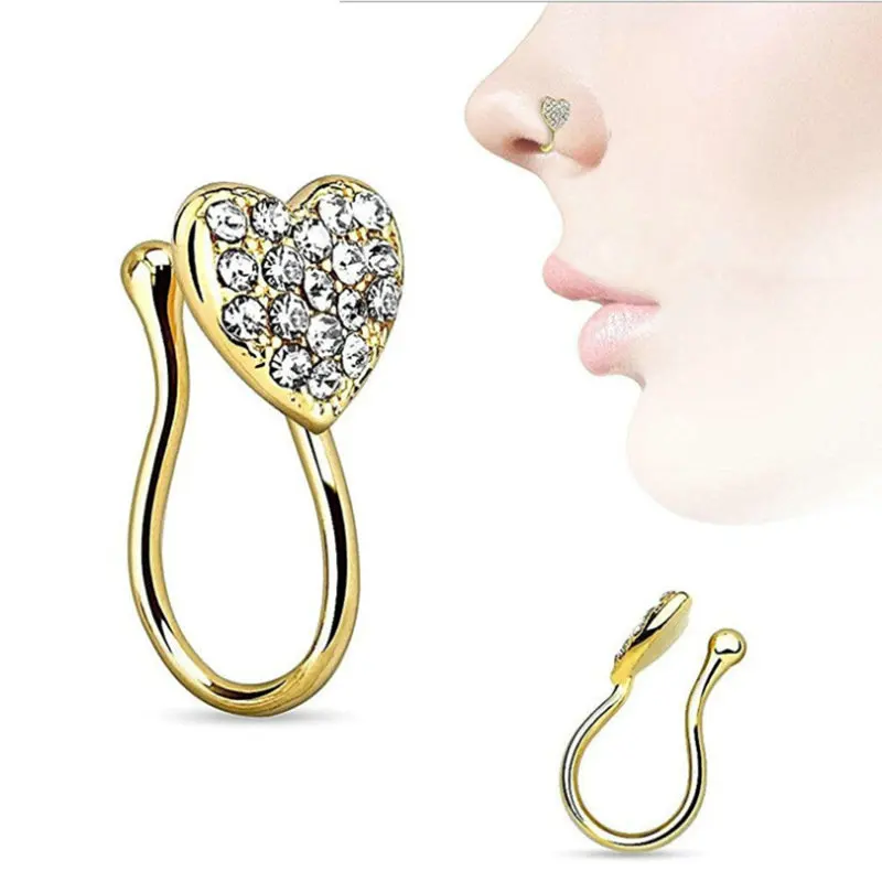316L Stainless Steel Rhinestone Crystal Clip No Nose Heart Shape Ring Types Nose Piercing Jewelry
