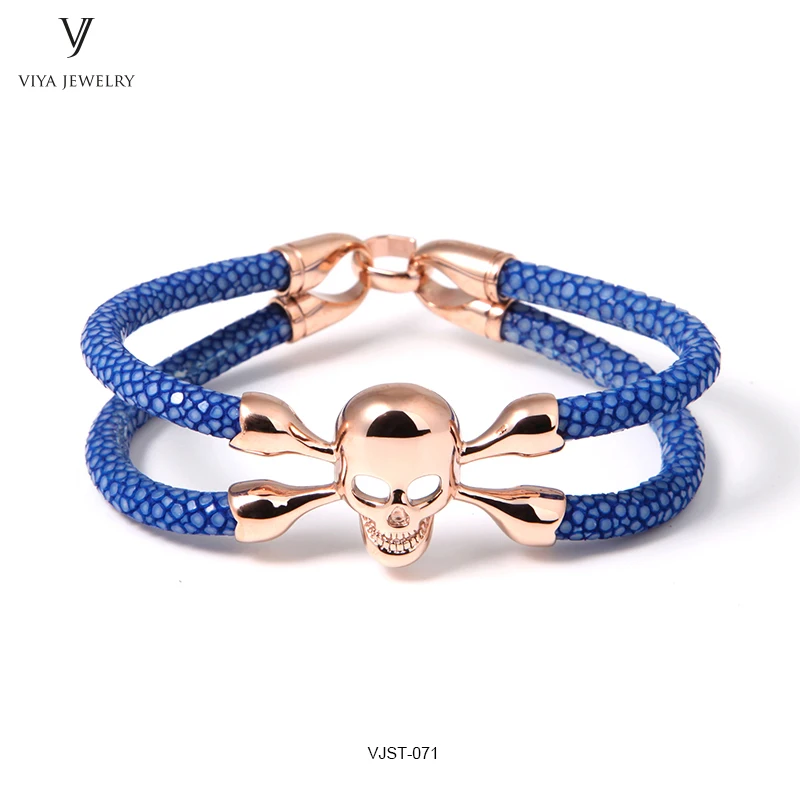 
Hot Sale Dongguan Bracelet Gift Promotional Stingray Leather Men Bracelet with Gold Skull 