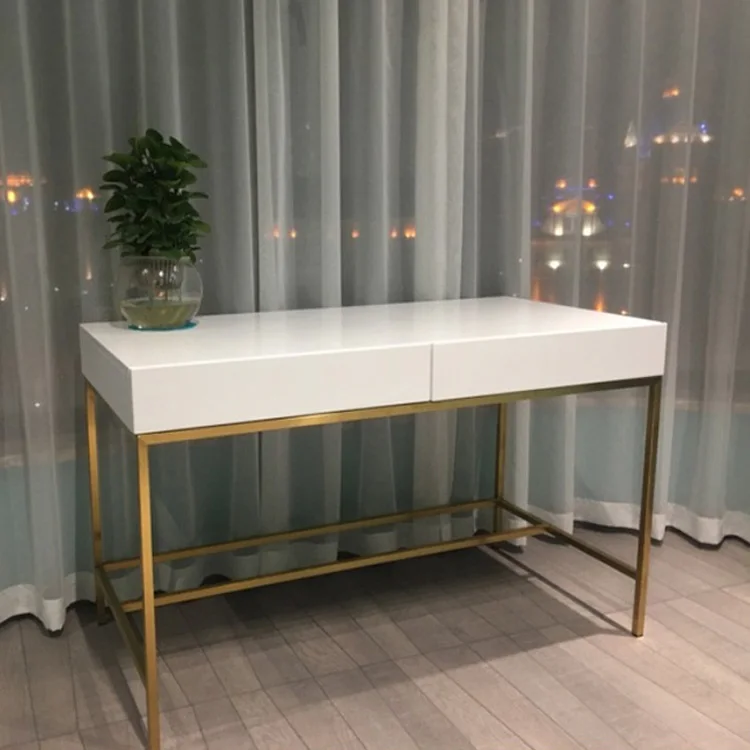 Modern golden stainless steel white lacquer study computer desk working table home office desk