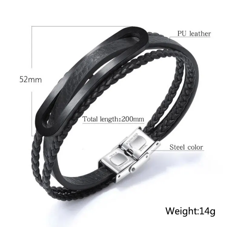 European Style Fashion Jewelry Wholesale Wrapped Multilayer Mens Leather Bracelet with Steel Clasp