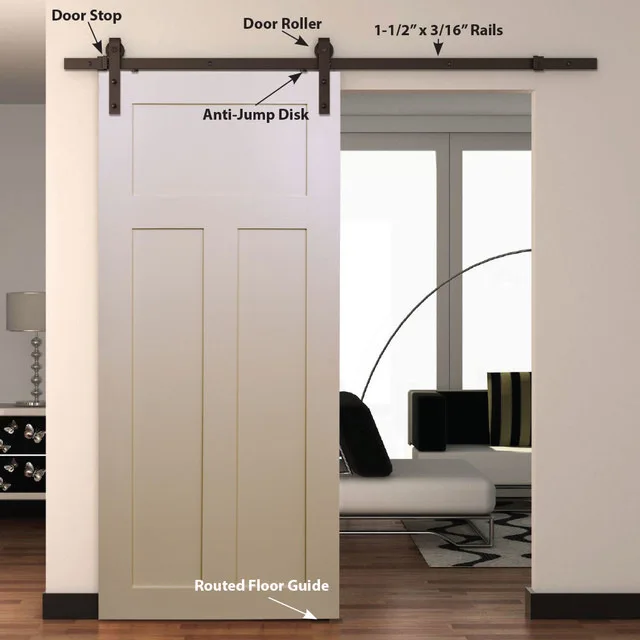 
Sliding door roller rail with door stop, floor guide, wall bracket used barn door hardware 