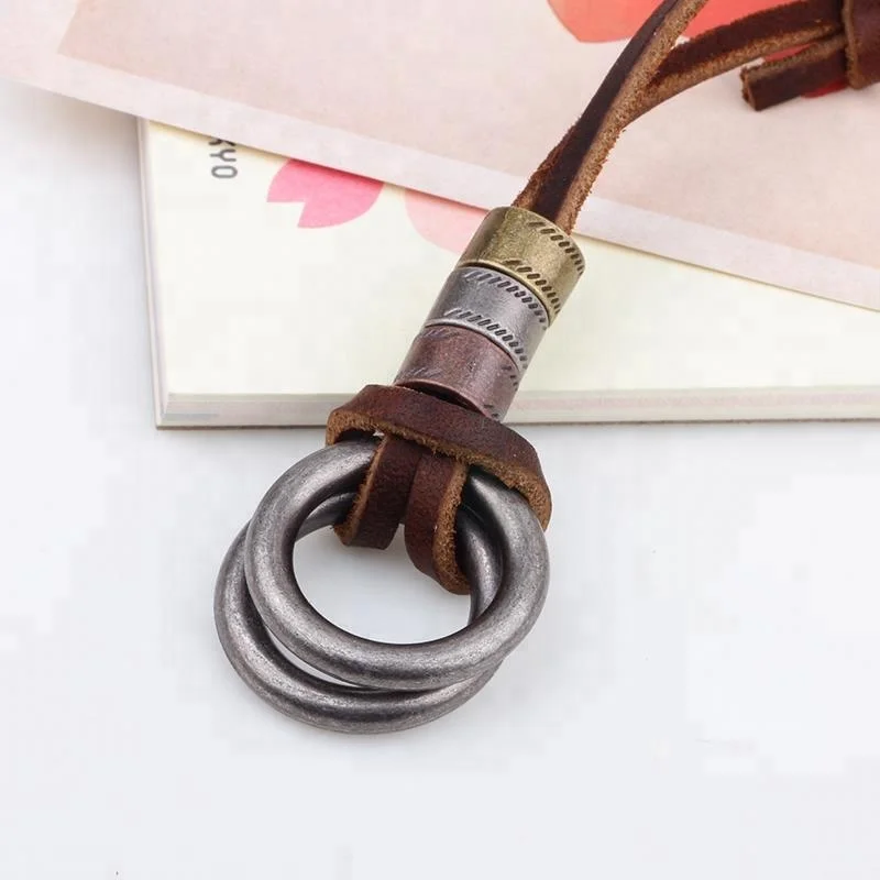 Vintage 2 rings pendant leather cord necklace wholesale Real leather rope necklace with alloy pendant