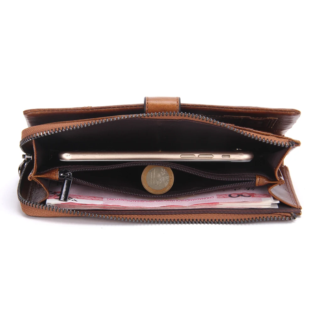 Fashion Crazy Horse Genuine Leather Long Design Phone Men Wallet