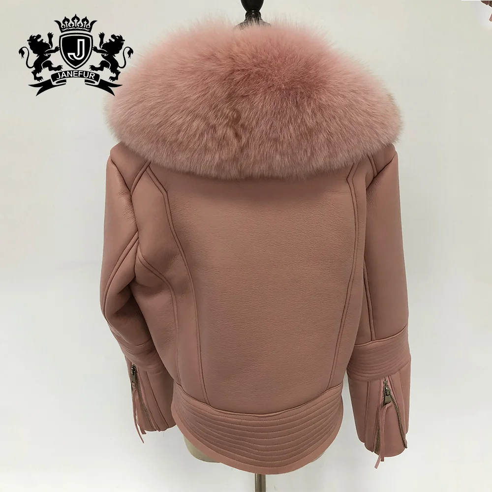 Girls short fur coat double faced real fox fur collars coat sheepskin leather jacket