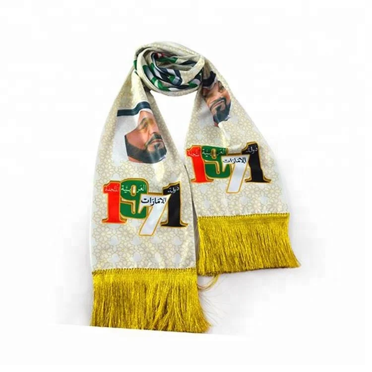 2023 digital polyester printing scarf football team scarf UAE gold fringe scarf