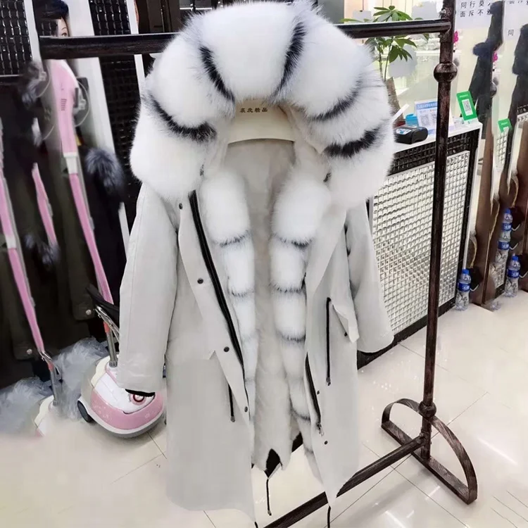 Ladies Black Mink Fur Lining Parka Coat With Fur Hood