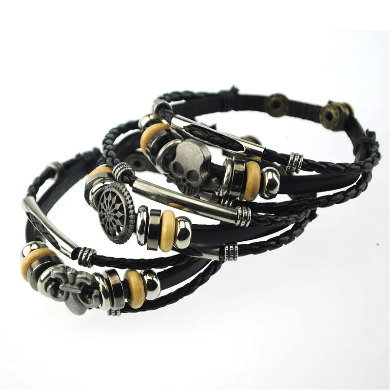 Cheap Wholesale Mens Punk Anchor wristband Skull Charms Leather Wrap fashion Men Bracelet leather