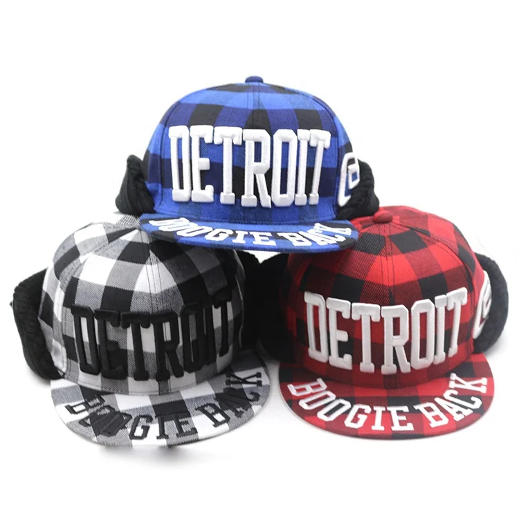Custom 3D Embroidery Warm Plaid Thick Knitted Neck Flap 6-Panel Flat Bill Snapback Hat Winter Cap for Men and Women