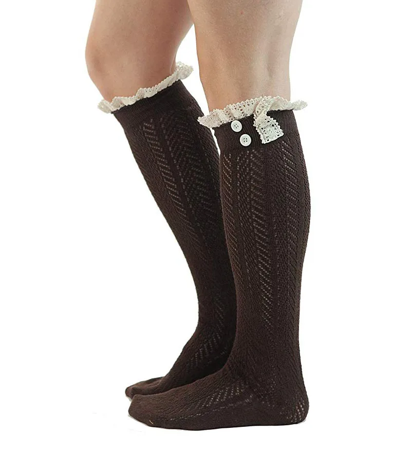 AJ186044 Hot Sale Black Stock Cheap Knitted Ruffles Lace Boot Socks with Buttons