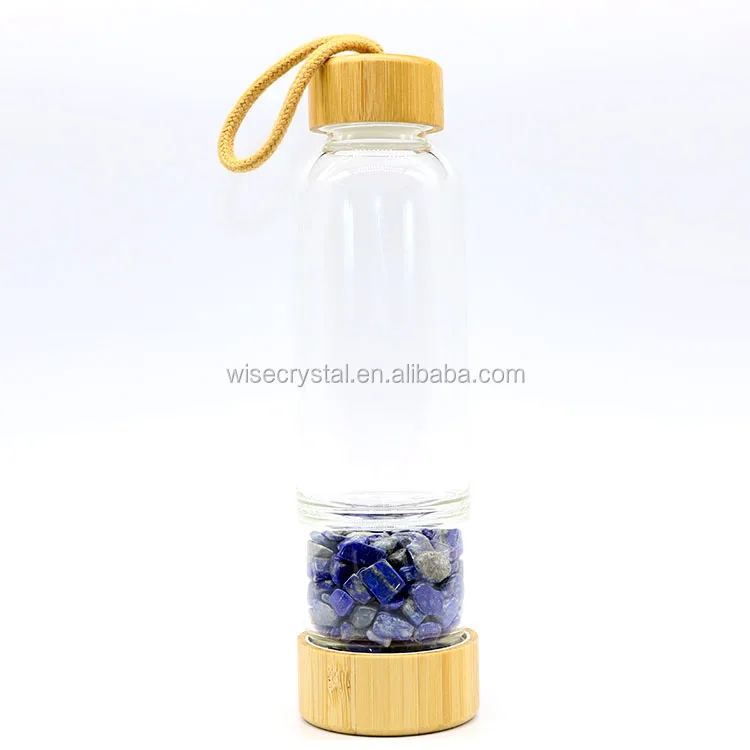 
Glass Drinking Bottle healing crystal water bottle with Bamboo Lid 