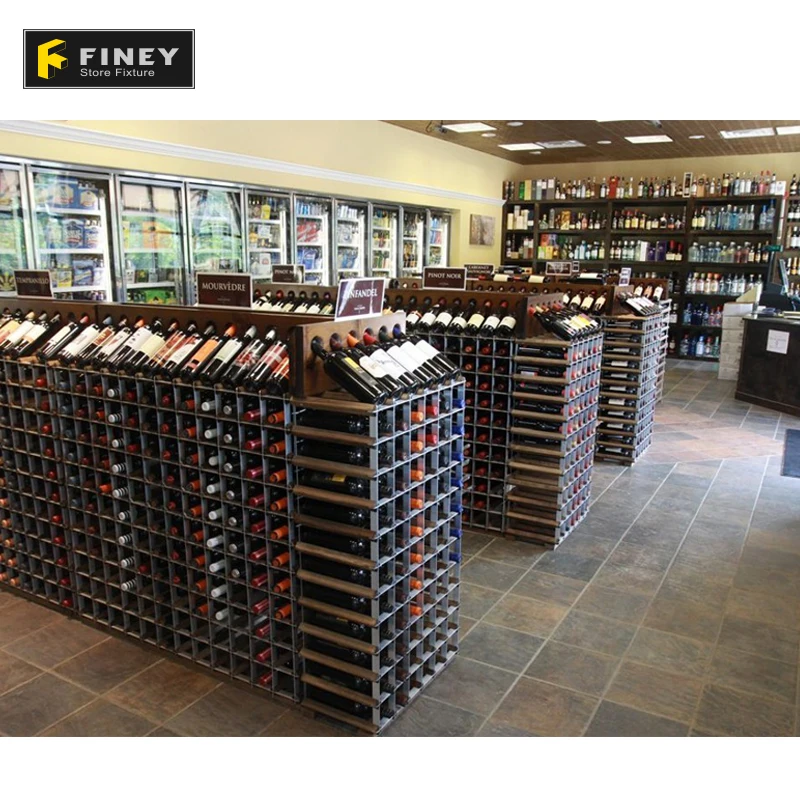 Customized Manufacturer Wooden Commercial Wine Rack Display Stand Liquor Store Decoration