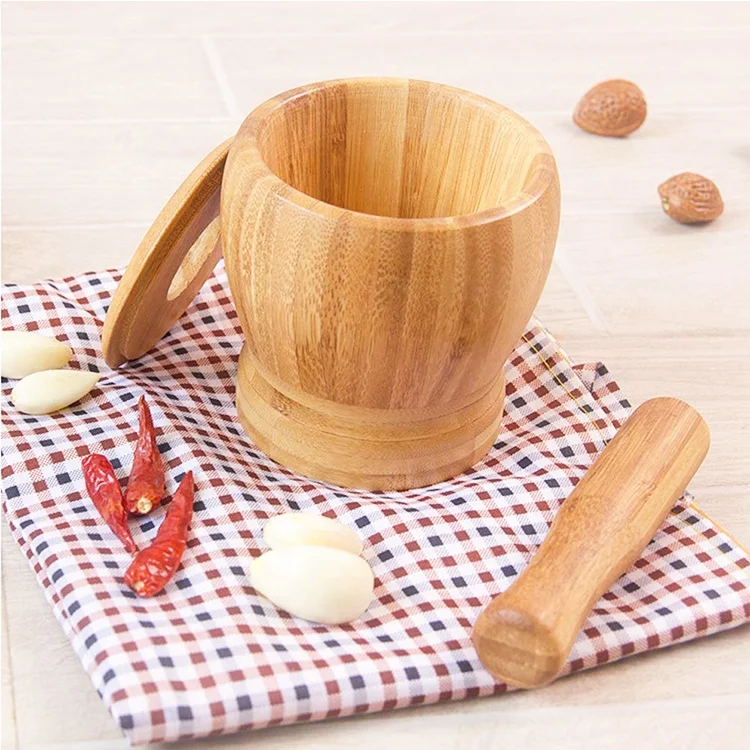 Bamboo Mortar and Pestle Set with Lid Spice Grinder kitchen Cooking Tools for Herb Spice Mixing Grinding Bowl Kitchenware
