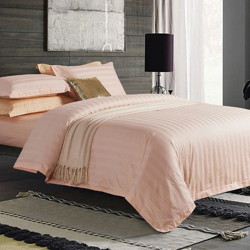 Stripe Solid Coral Color Queen King Bed Linen Satin Cotton Home