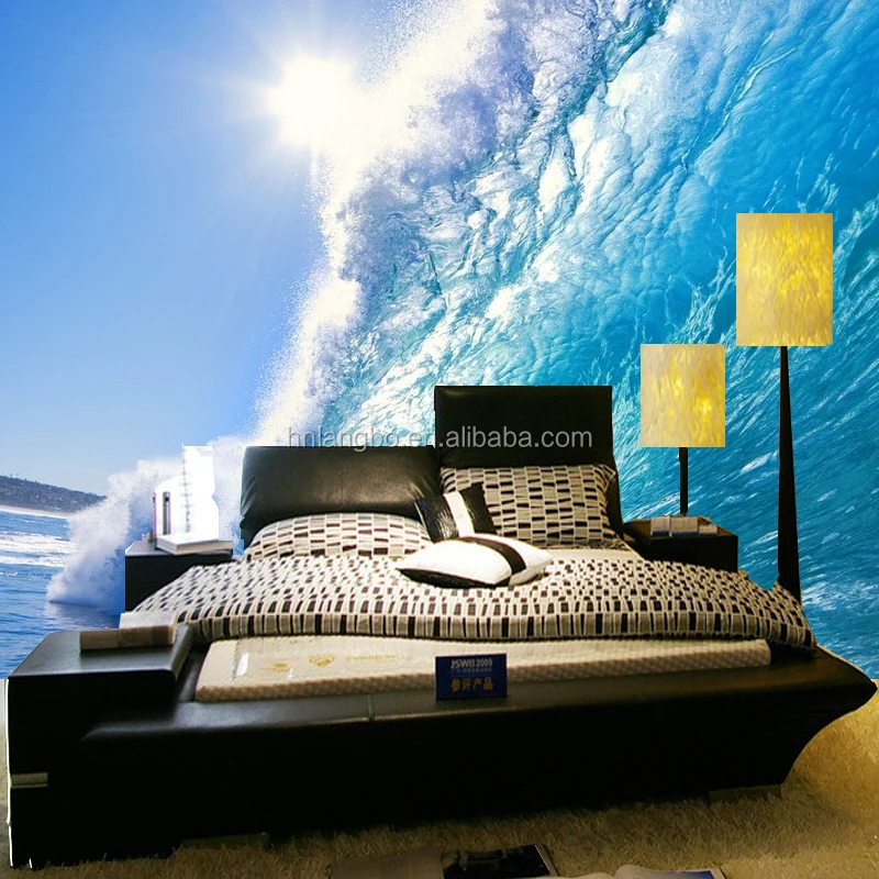 3D space wallpaper blue ocean waves wallpaper children room bedside surge wallpaper mural