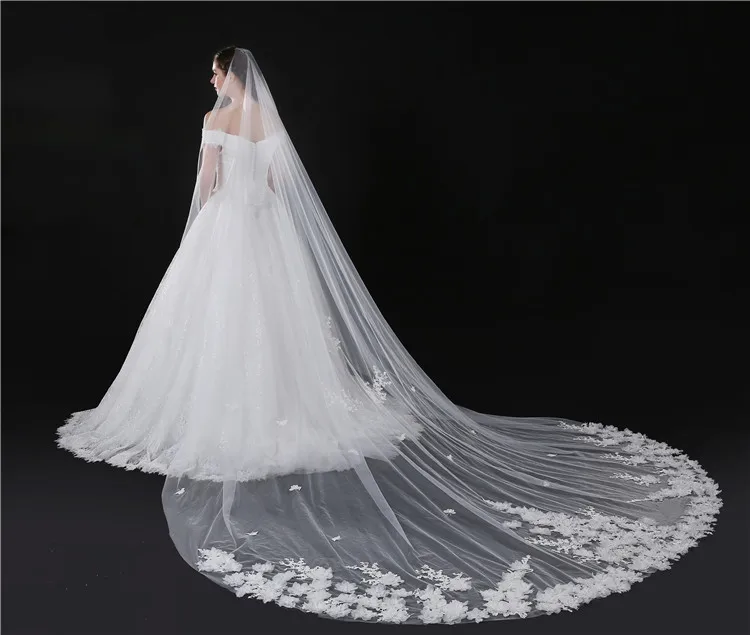 
4m Long Soft Tulle Lace appliques with 3D flowers Edging Muslim Bridal Veil Cathedral Train Wedding Veil 
