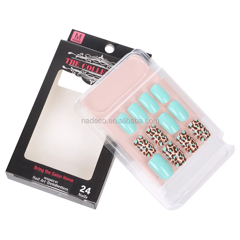 NADECO Full Cover Blue Sweet Color Sticky Nails Acrylic with Leopard Print Picture