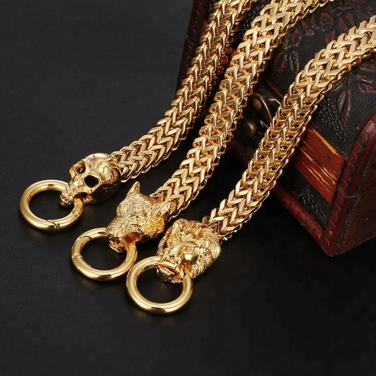 Cool punk 316l stainless steel real gold plated franco chain double lion head skull men bracelet