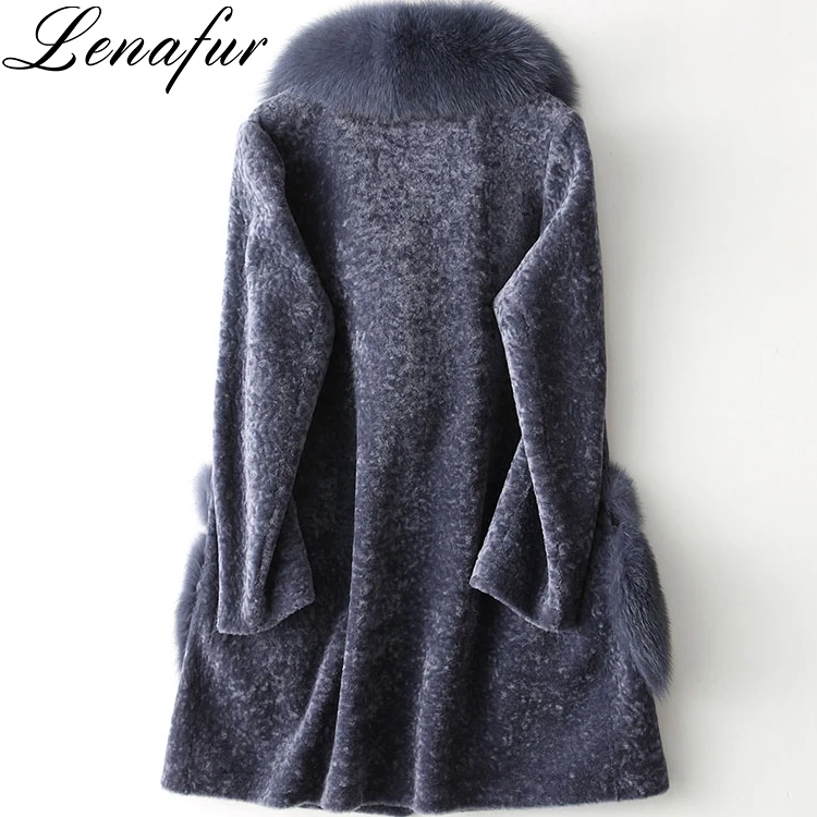 Women Winter Purple Loose Suede Liner Super Big Fox Fur Collar Double Faced Lamb Fur Leather Shearling Coat