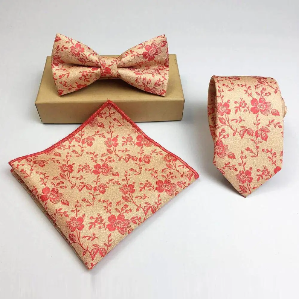 Мужском стиле полиэстровый галстук с цветочным принтом с галстуком-бабочкой и нагрудный платок комплект