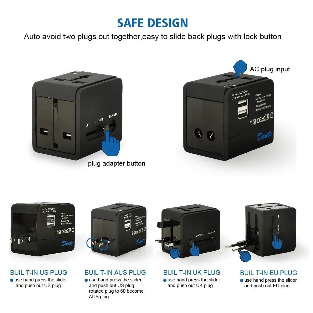 
Easy to take Universal electrical ce Travel Adapter for USA Australia Europe UK leliphone adaptors with 2 usb 