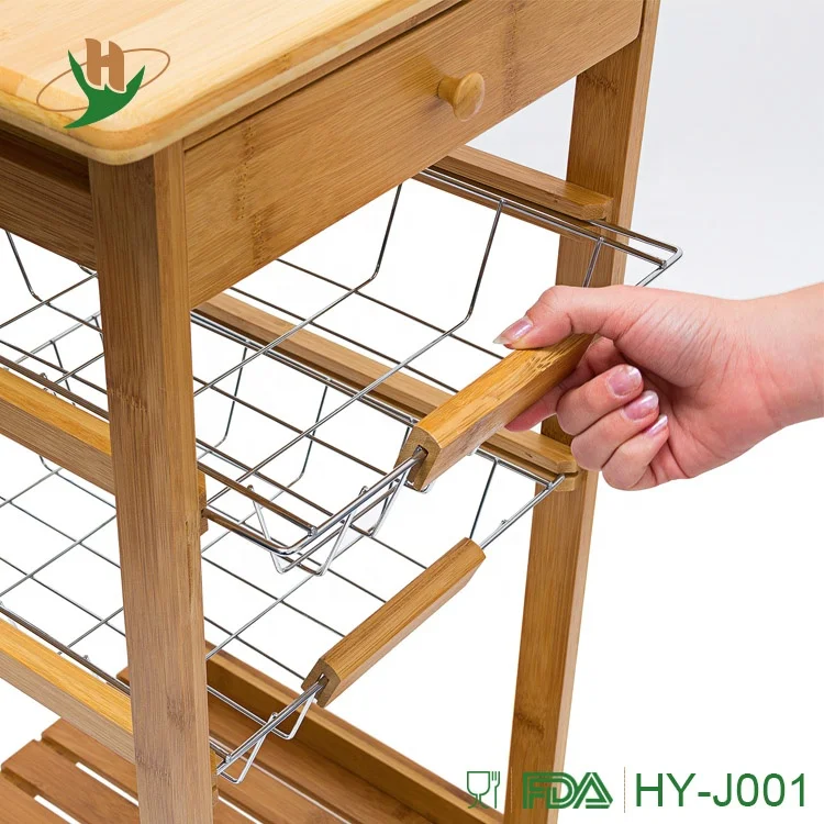 Home bamboo kitchen food delivery trolley with steel shelf