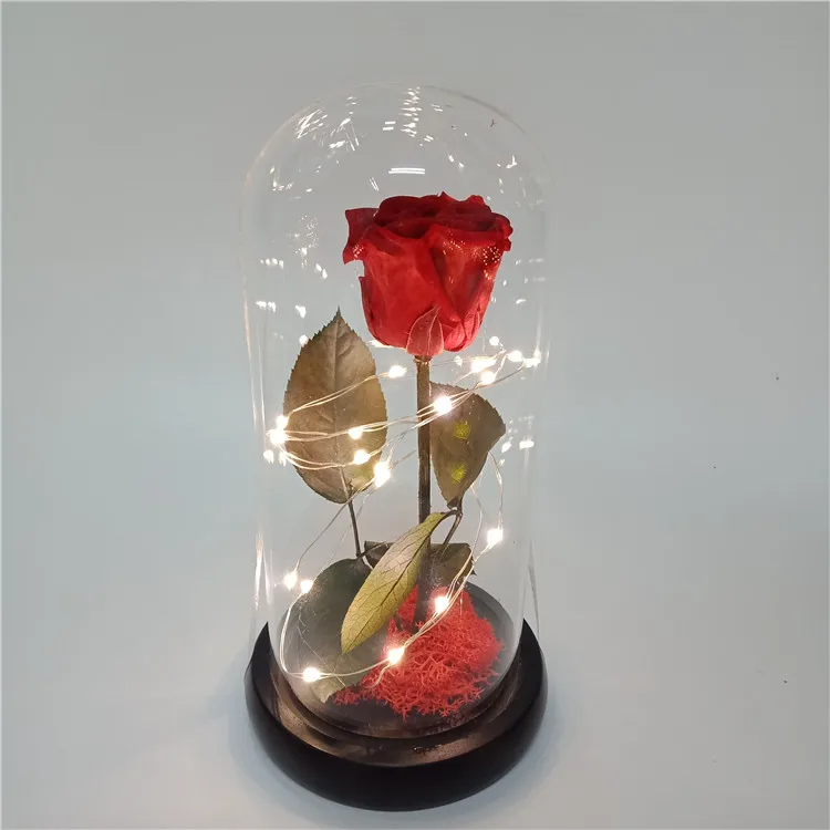 Red series preserved rose in glass dome carnation artificial flowers artificial in glass dome with led light gift for festival