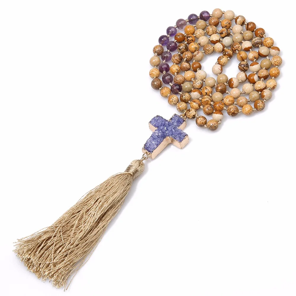 AFXSION Natural stone beads necklace, rock& powder crystal&black fused rock Beads Cross pendant tassel necklace