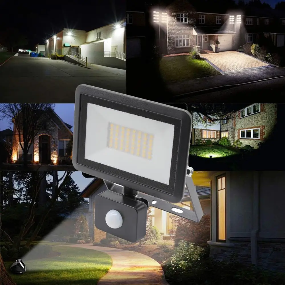 Outdoor 100w 50w 30w 20w 10w Led Flood Light with PIR Motion Sensor and junction box