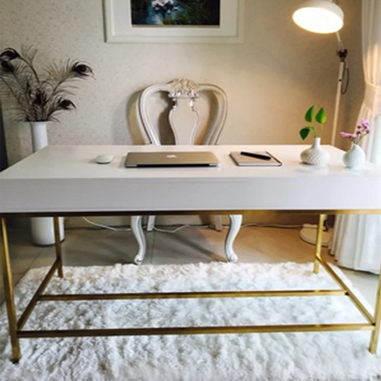 Modern golden stainless steel white lacquer study computer desk working table home office desk