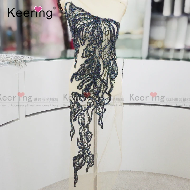 popular beaded lace fabric bodice applique work design for gown WPH-1804