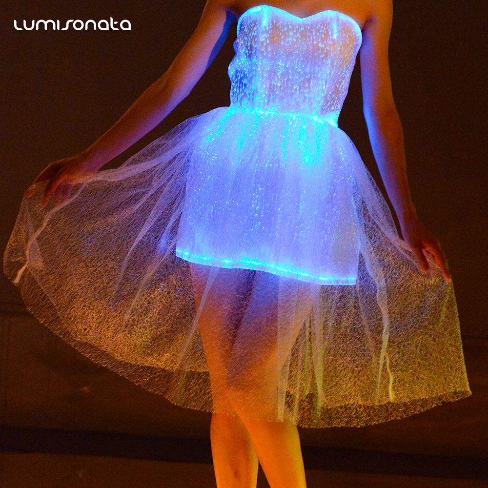 Fibre optic led lighting luminous patterns blue couture prom women dress