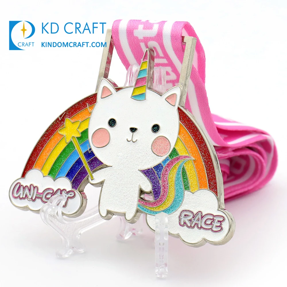 Free sample custom rainbow shaped metal colorful soft enamel glitter Kawaii cute cartoon animal unicorn cat souvenir race medal