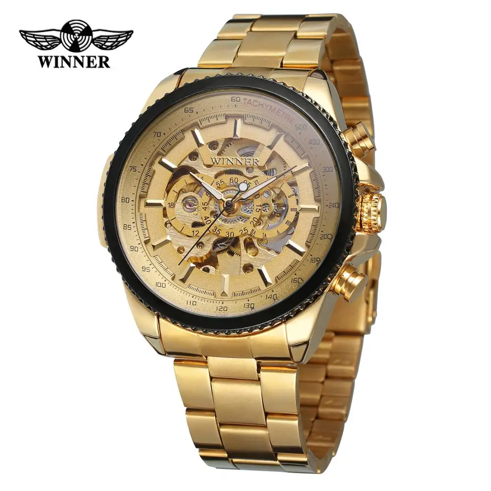 T-Winner Gold Design Clock Men Stainless Steel Wrist Watches Top Brand Custom Logo  Luxury Skeleton Mechanical Automatic Watch