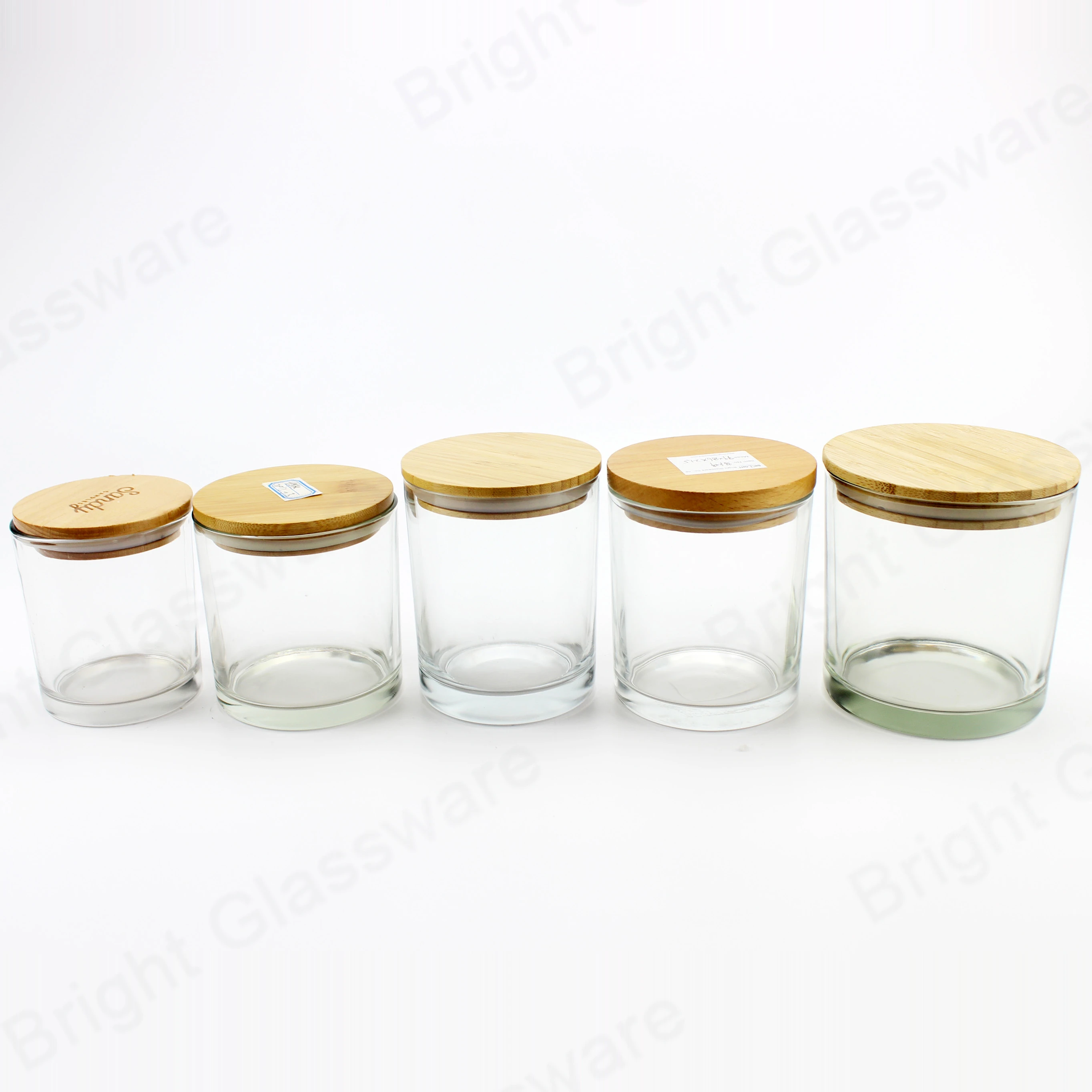 Оптовая продажа пустая Прозрачная Круглая Стеклянная банка для хранения с деревянными крышками