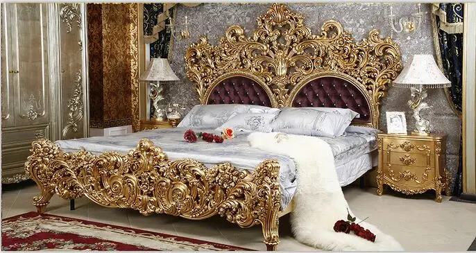 
home furniture Italian classical gold foil flowers carved royal luxury bedroom set 