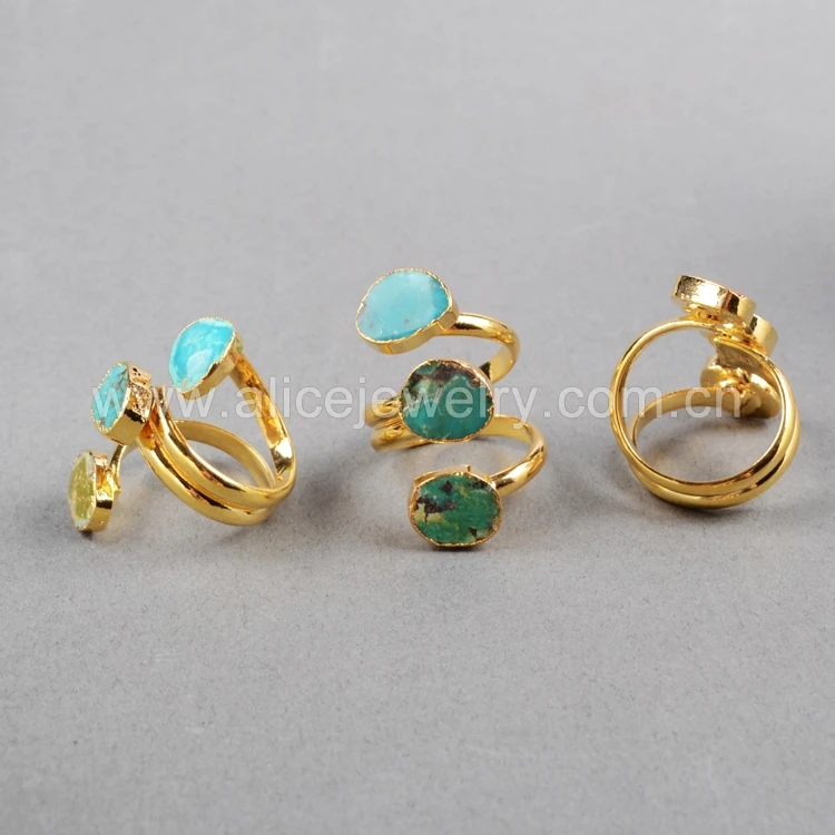 Genuine fashion turquoise gemstone wire ring three stone turquoise ring in 18k gold plated adjustable ring