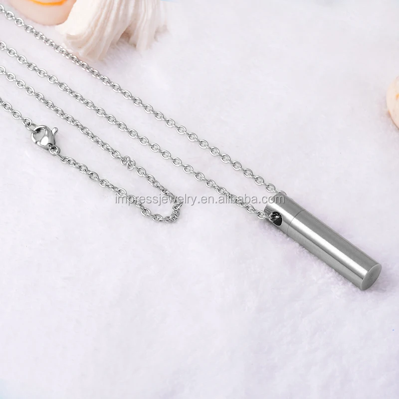  High Polish Silver Tone Cylinder Cremation Urn Necklace Engravable Stainless Steel Keepsake Jewelry Men Ashes Pendant