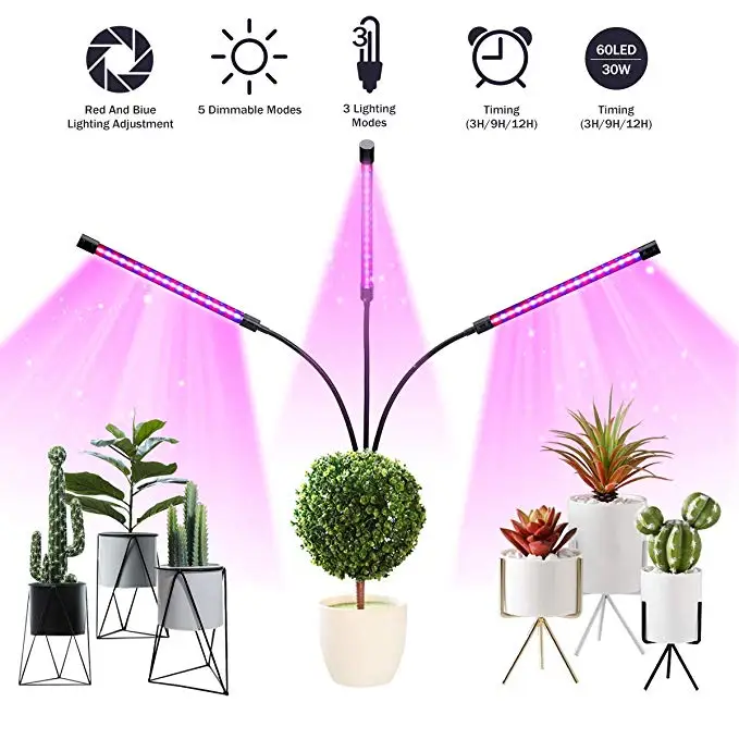 Top Seller 30W 3 Gooseneck Clip Desk Plant LED Grow Lighting with timer and dimmier
