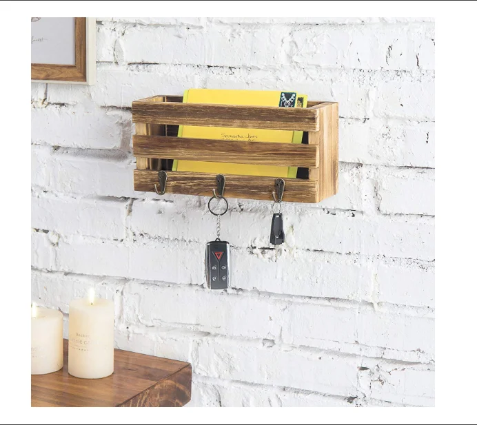 Country Rustic Crate-Style Wall Mounted Mail Sorter with 3 Key Ring Hooks