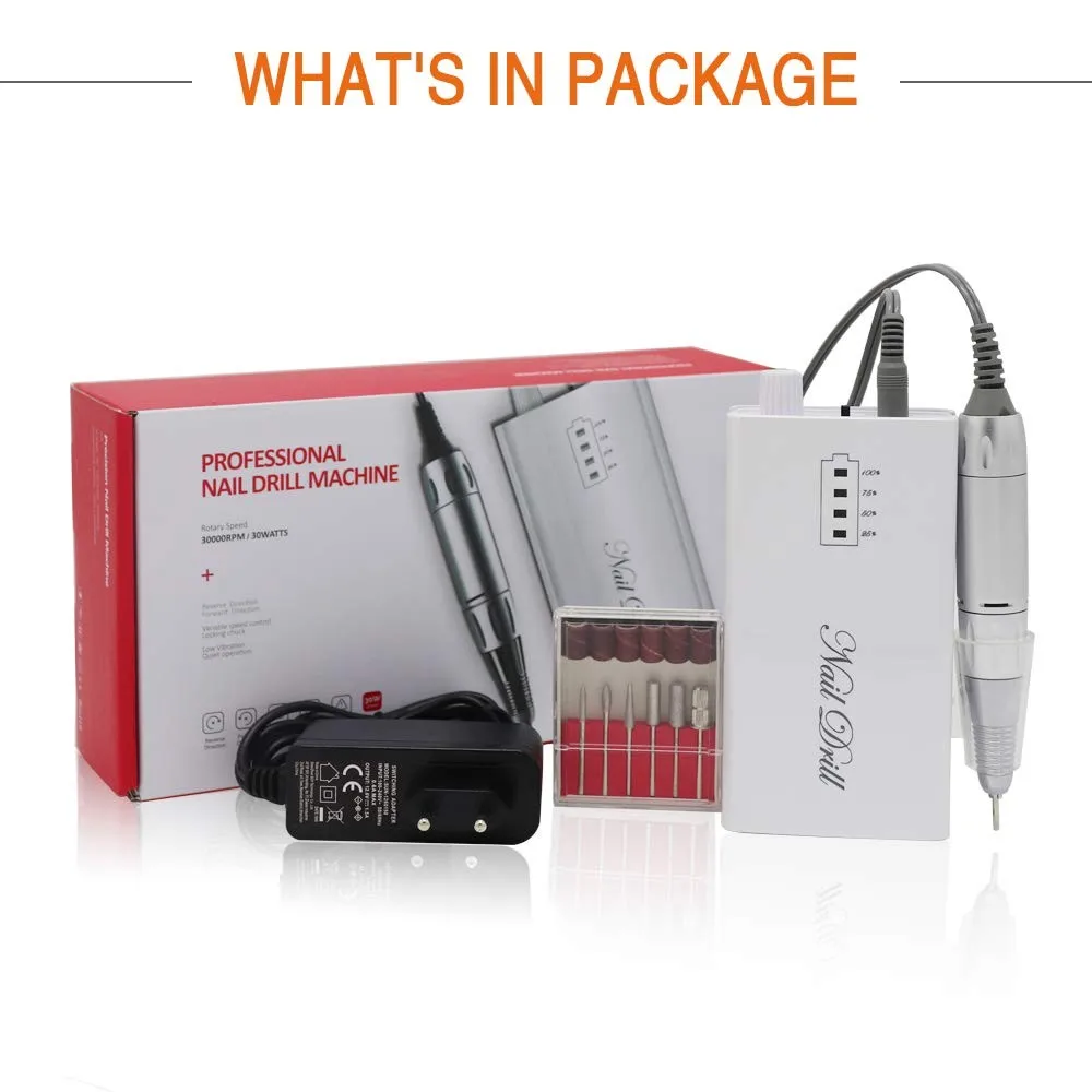 Manicure Pedicure Strong Rechargeable Cordless Portable 30000 RPM Nail Art Drill Machine