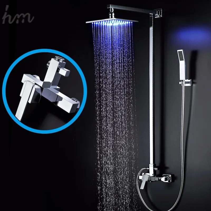Square 8 Inches LED Light Shower Head Sets Handheld Shower With Arm Slide Bar for Bath Accessories Faucet Taps T
