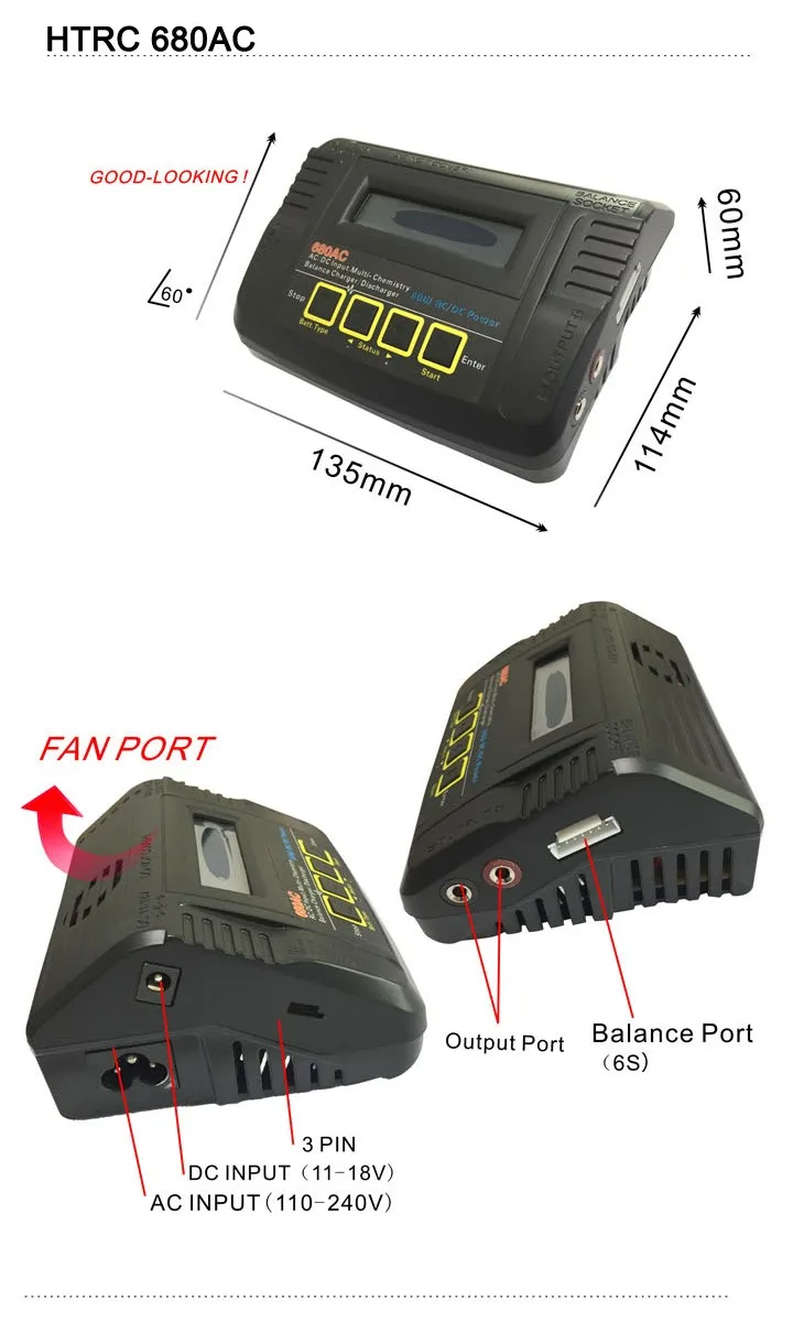 
HTRC 680AC 80W 6A AC/DC Dual Power RC Lipo Battery Balance Charger Discharger For 1-6s LiPo/LiFe/Lilon Battery Charging 