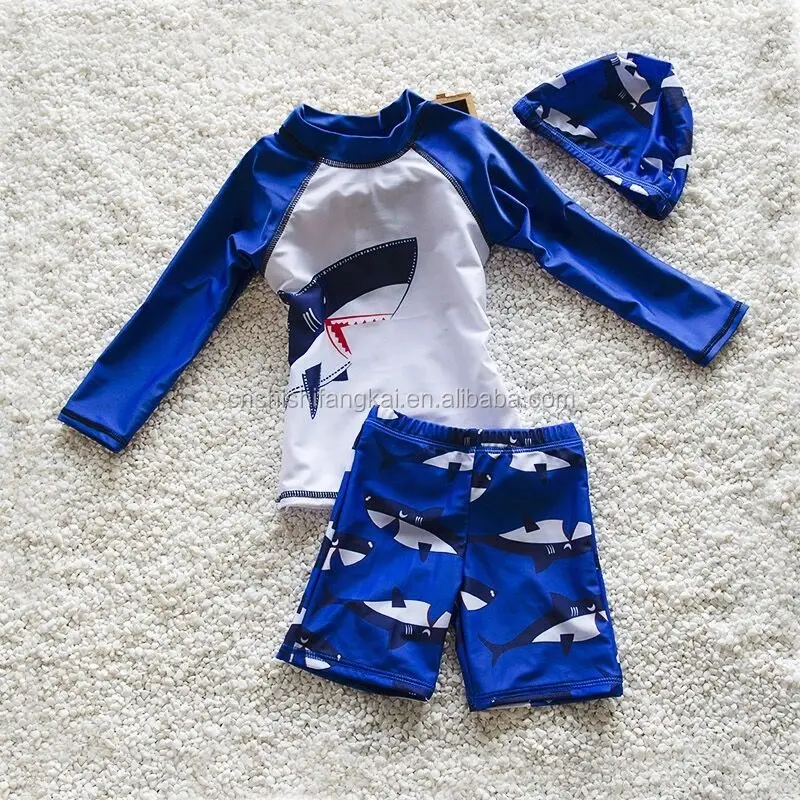 2016 Hot Sell shark Boys Swimsuit Cartoon Child Surf Shorts Long Sleeves Kids Swimwear Bathing Suits Swim Suit with Swimming cap