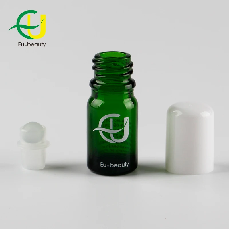 Essential oil glass bottle 5ml green with roll on ball plastic cap
