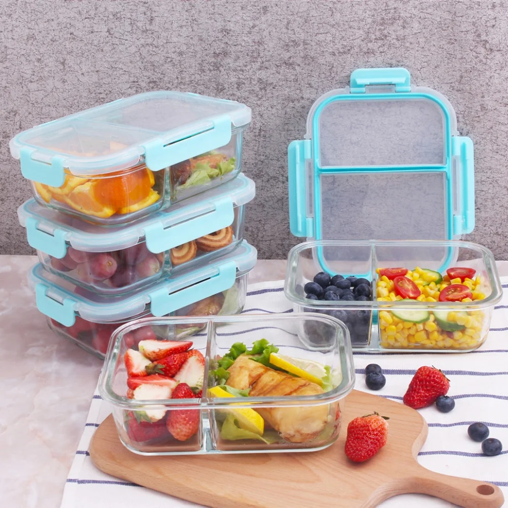 Amazon Hot Selling 5 Pcs Glass Meal Prep Containers 2 Compartment set with Removable Snap Lids