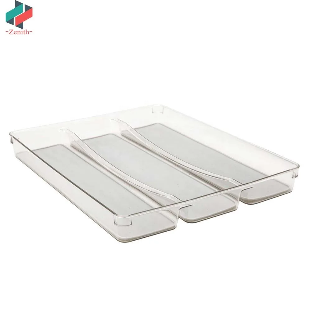 ZNF00090 Clear Plastic 3 Compartment Cutlery Tray Silverware Organizer Utensil Holder for Drawer with Rubber Liner for