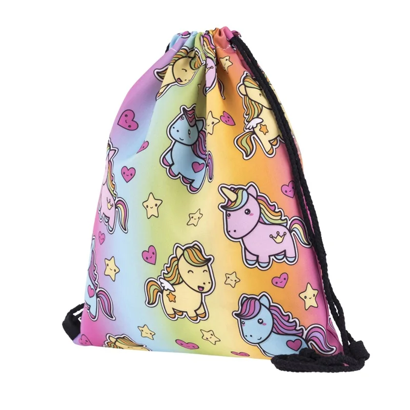 2018 Amazon hot selling Polyester Unicorn Drawstring Bag for girl , wholesale 3D Printing Cute Unicorn Backpack for children