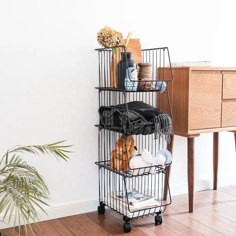 Wholesale removable foldable metal wire stackable storage basket with wheels leg for magazine toy laundry